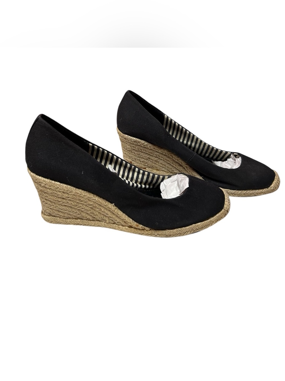 Merona Espadrilles Black Canvas Tan Jute Wedge Platform Slip On Shoes Size 9.5